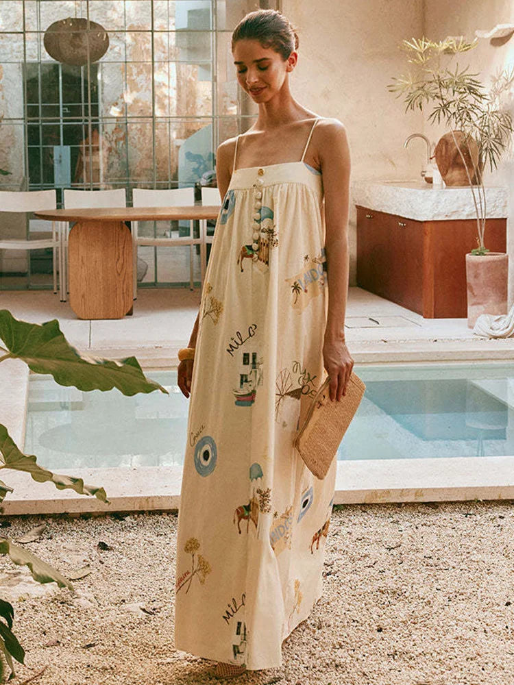Printed Maxi Sundress with Mykonos Art for Summer | Maxi Dresses