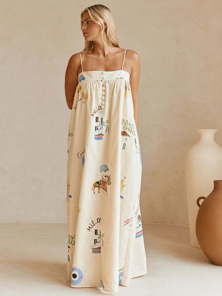 Printed Maxi Sundress with Mykonos Art for Summer | Maxi Dresses