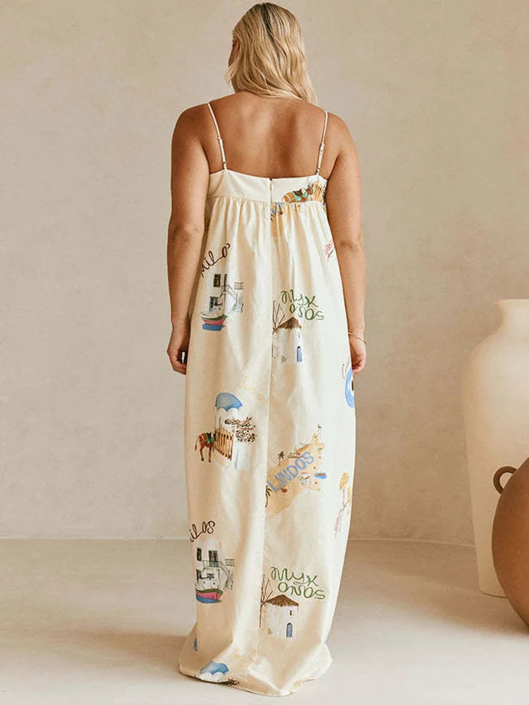 Printed Maxi Sundress with Mykonos Art for Summer | Maxi Dresses