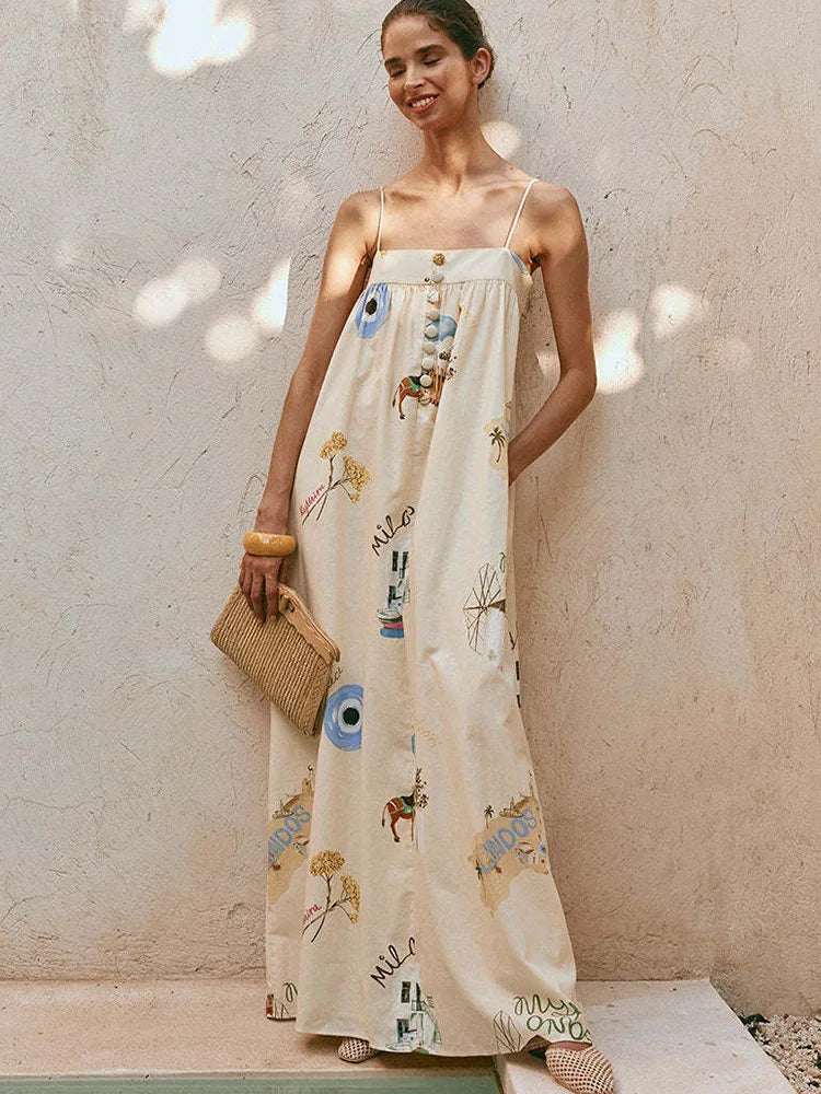 Printed Maxi Sundress with Mykonos Art for Summer | Maxi Dresses