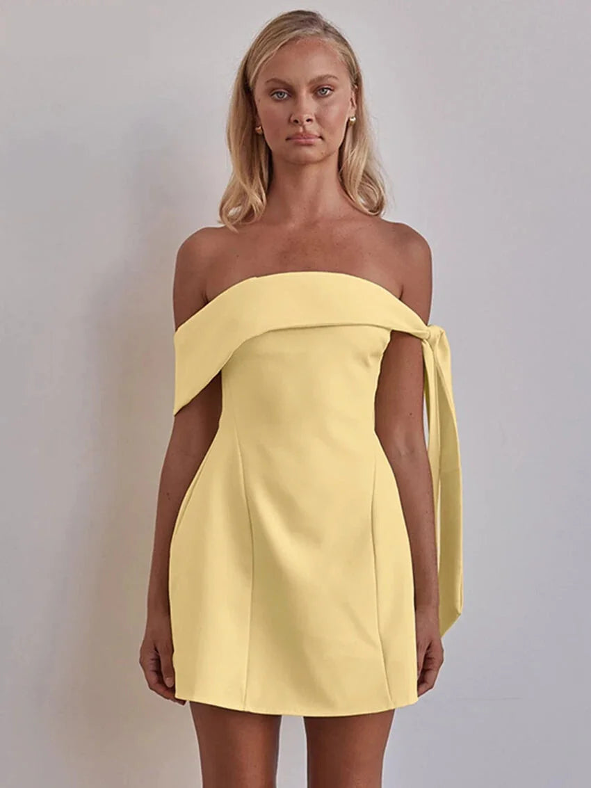 A-Line Yellow Mini Dress with One-Shoulder Draped Detail | A-Line Dresses