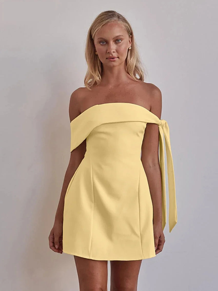 A-Line Yellow Mini Dress with One-Shoulder Draped Detail | A-Line Dresses