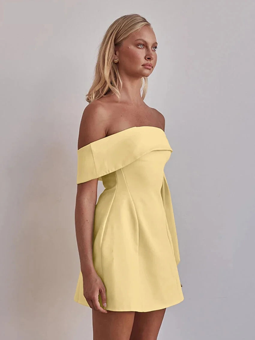 A-Line Yellow Mini Dress with One-Shoulder Draped Detail | A-Line Dresses