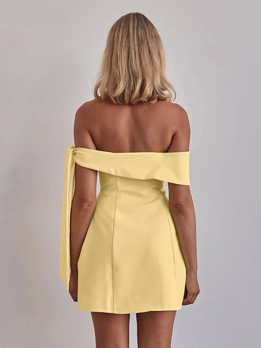 A-Line Yellow Mini Dress with One-Shoulder Draped Detail | A-Line Dresses