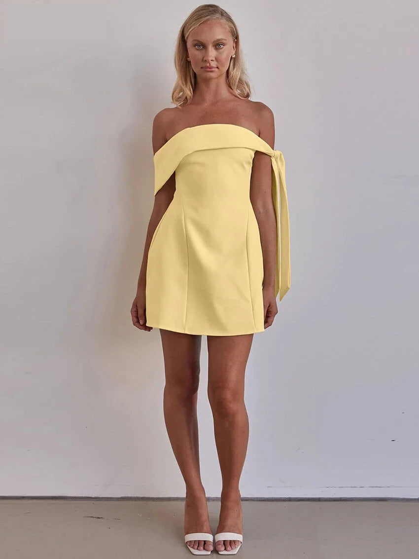 A-Line Yellow Mini Dress with One-Shoulder Draped Detail | A-Line Dresses