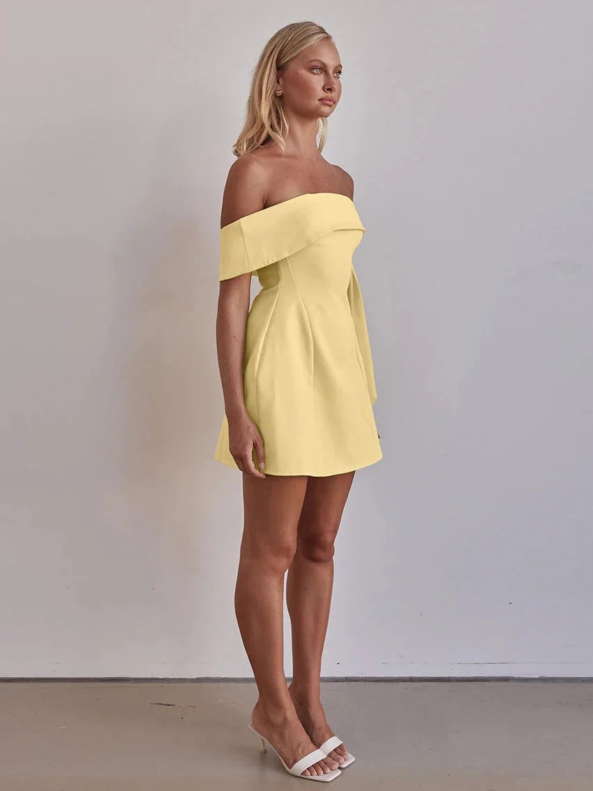 A-Line Yellow Mini Dress with One-Shoulder Draped Detail | A-Line Dresses