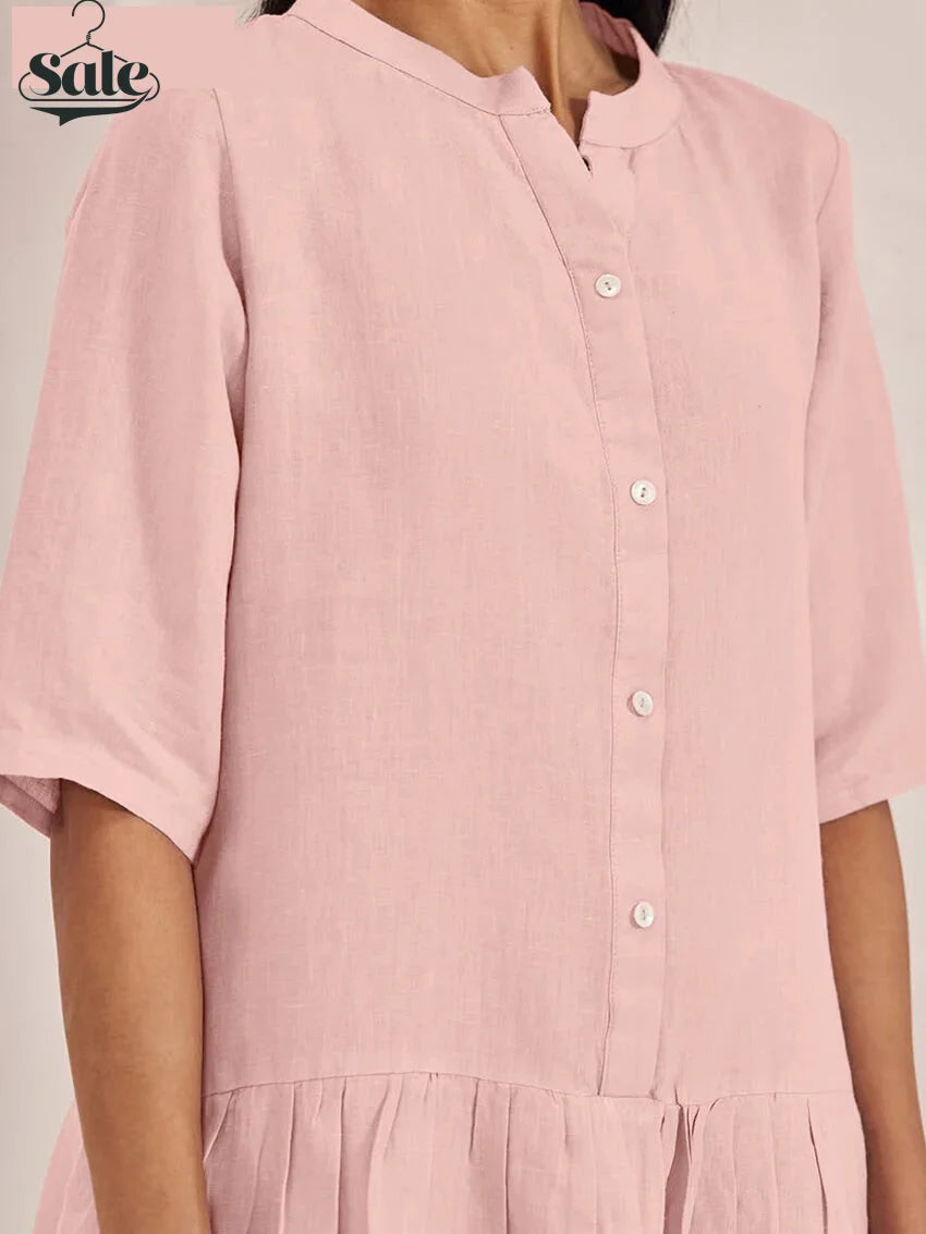 Blush Cotton Day Dress with Side Pockets & Mandarin Collar | Knee-Length Dresses
