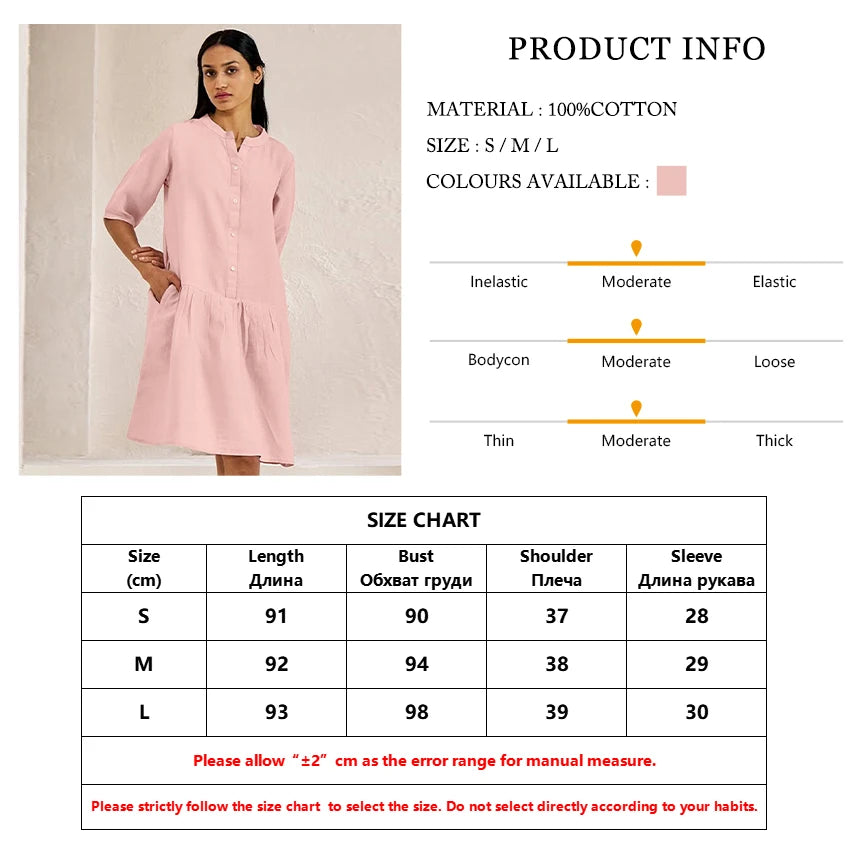 Blush Cotton Day Dress with Side Pockets & Mandarin Collar | Knee-Length Dresses