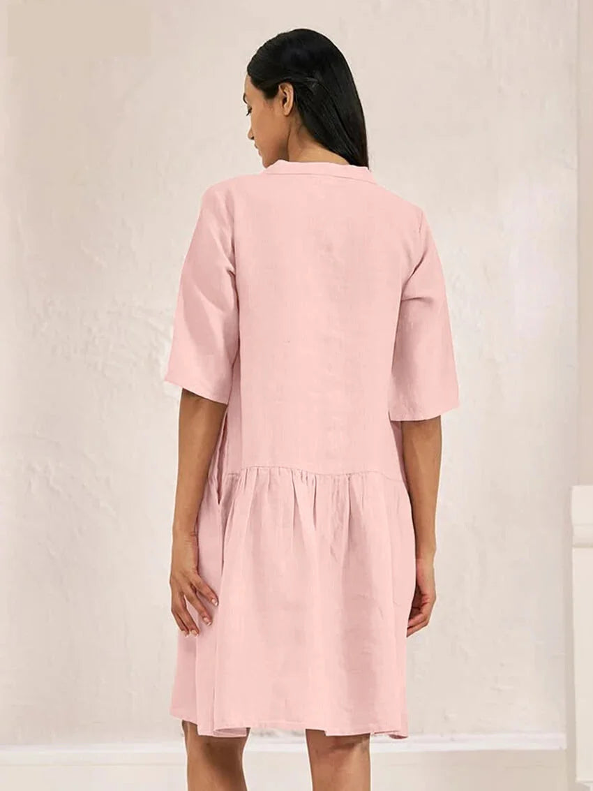 Blush Cotton Day Dress with Side Pockets & Mandarin Collar | Knee-Length Dresses