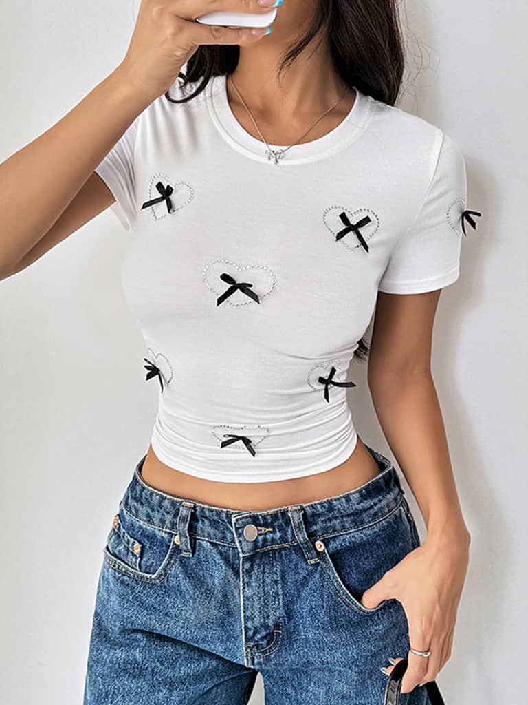 Stretch-Fit White Crop Tee with Satin Bows and Heart Accents | Tees