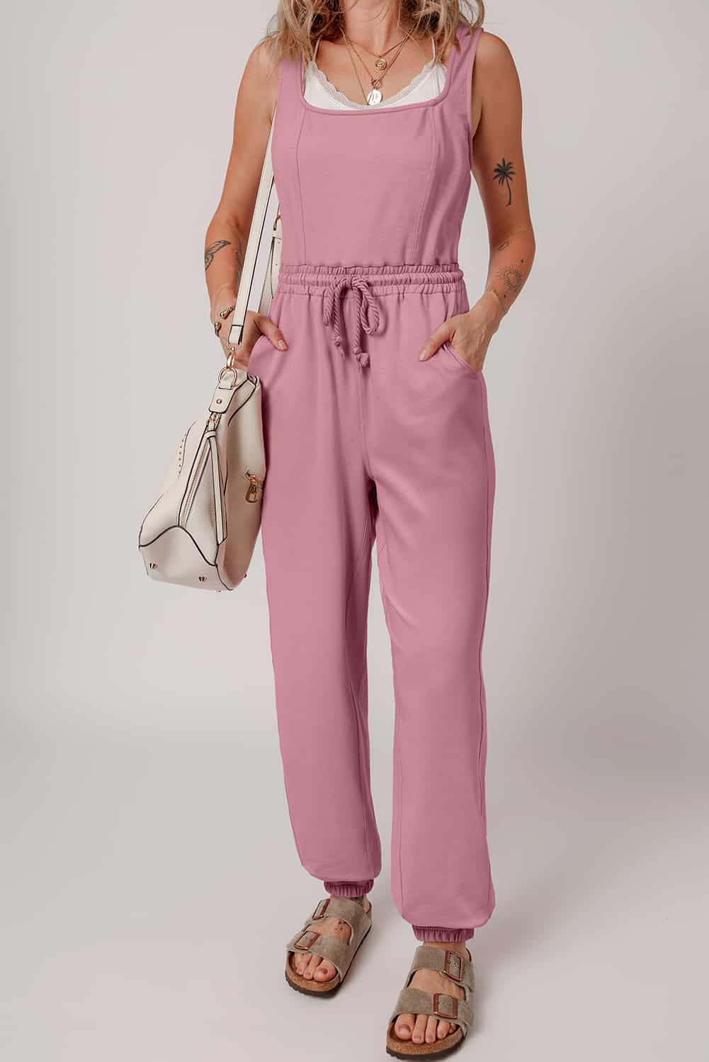 Casual Pink Jumpsuit with Elastic Waist for Women | Jumpsuits & Rompers