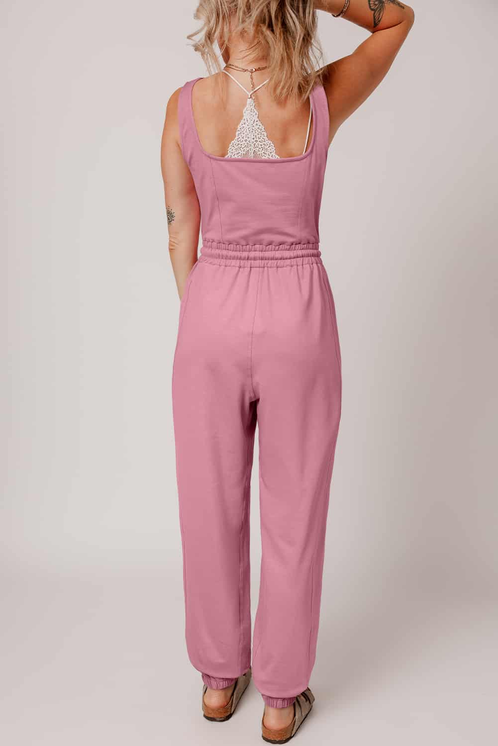 Casual Pink Jumpsuit with Elastic Waist for Women | Jumpsuits & Rompers