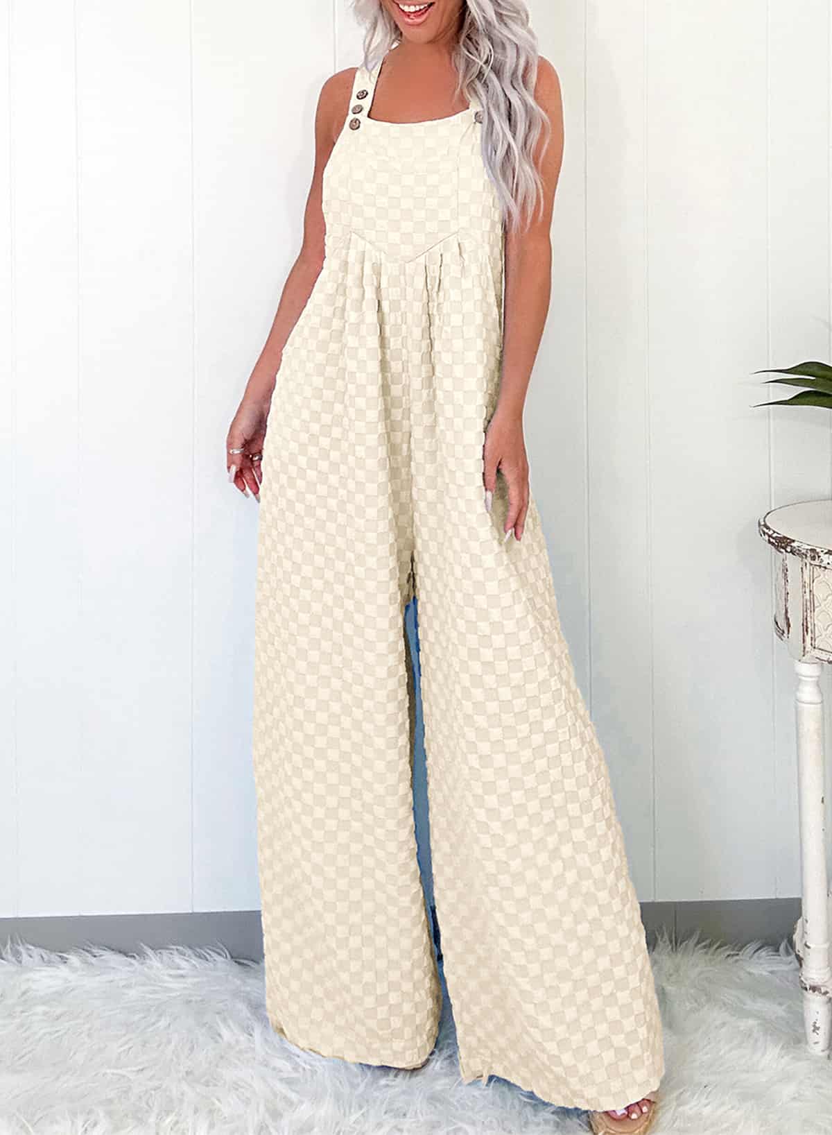 Blue Grid Overall Jumpsuit with Back Pleat for Travel Days | Jumpsuits & Rompers