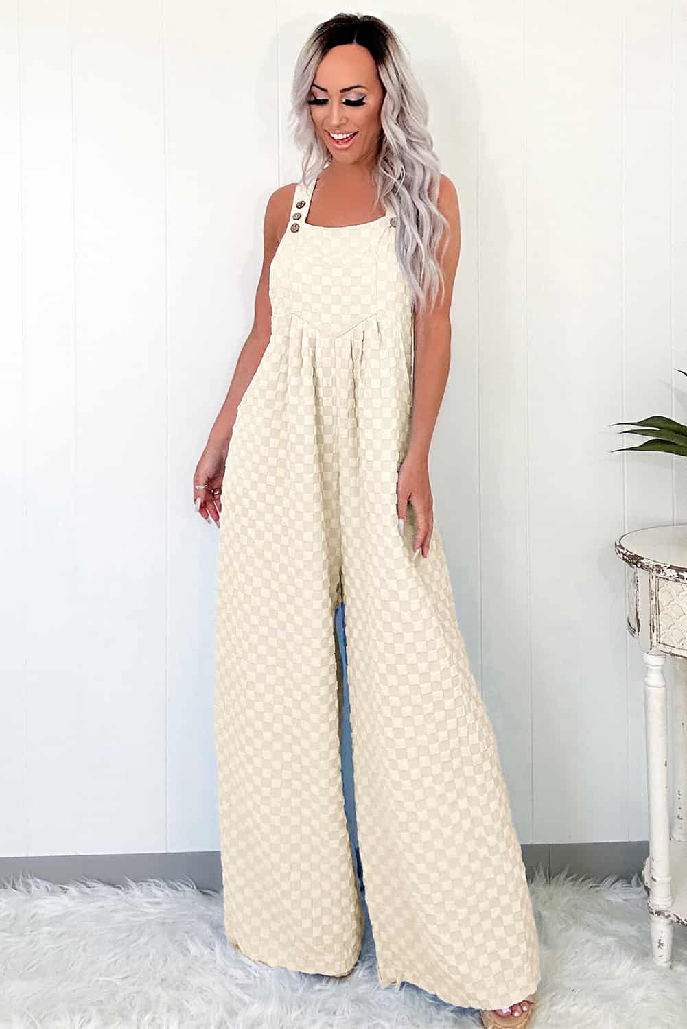 Blue Grid Overall Jumpsuit with Back Pleat for Travel Days | Jumpsuits & Rompers