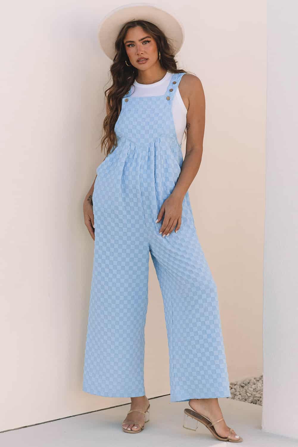 Blue Grid Overall Jumpsuit with Back Pleat for Travel Days | Jumpsuits & Rompers