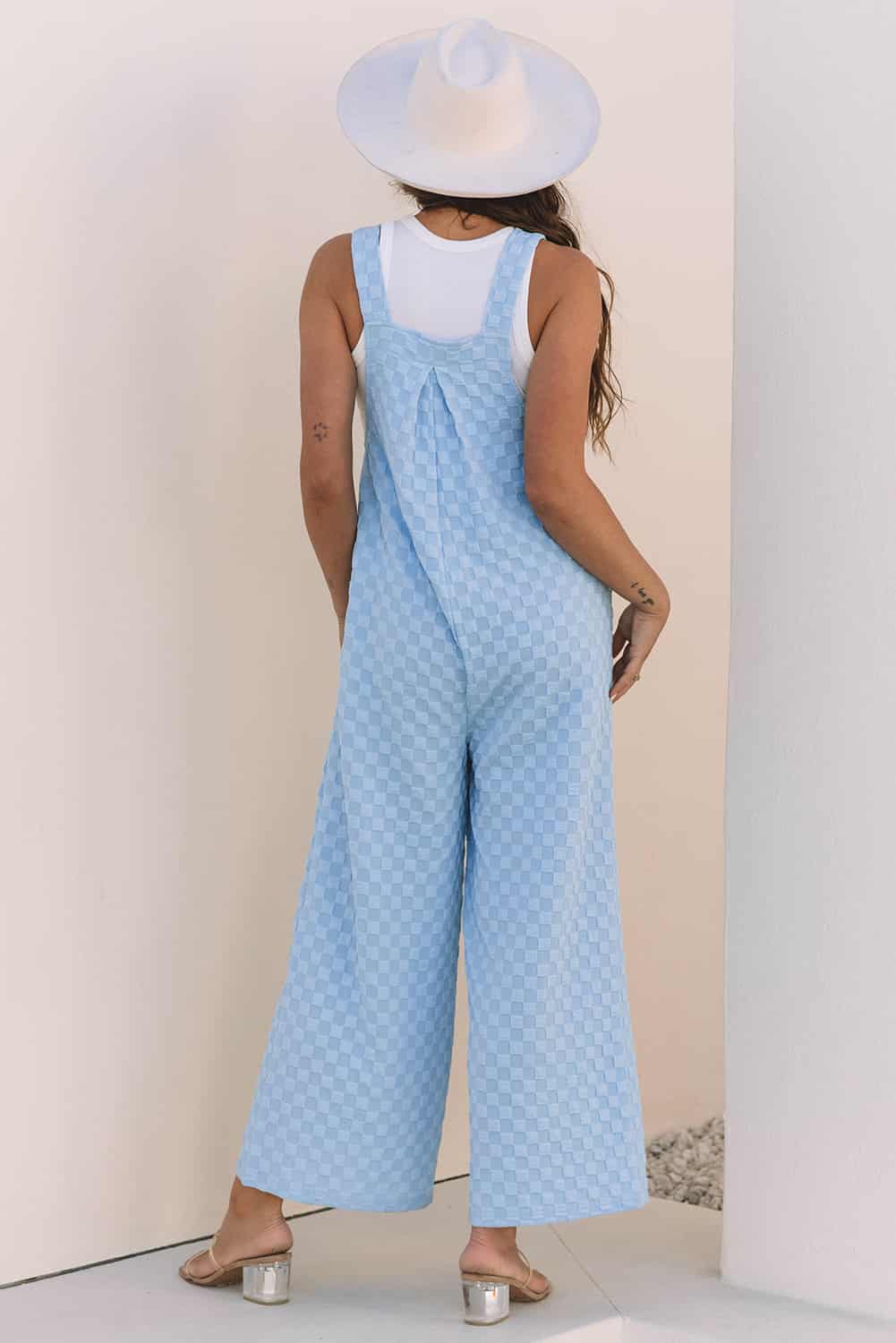 Blue Grid Overall Jumpsuit with Back Pleat for Travel Days | Jumpsuits & Rompers