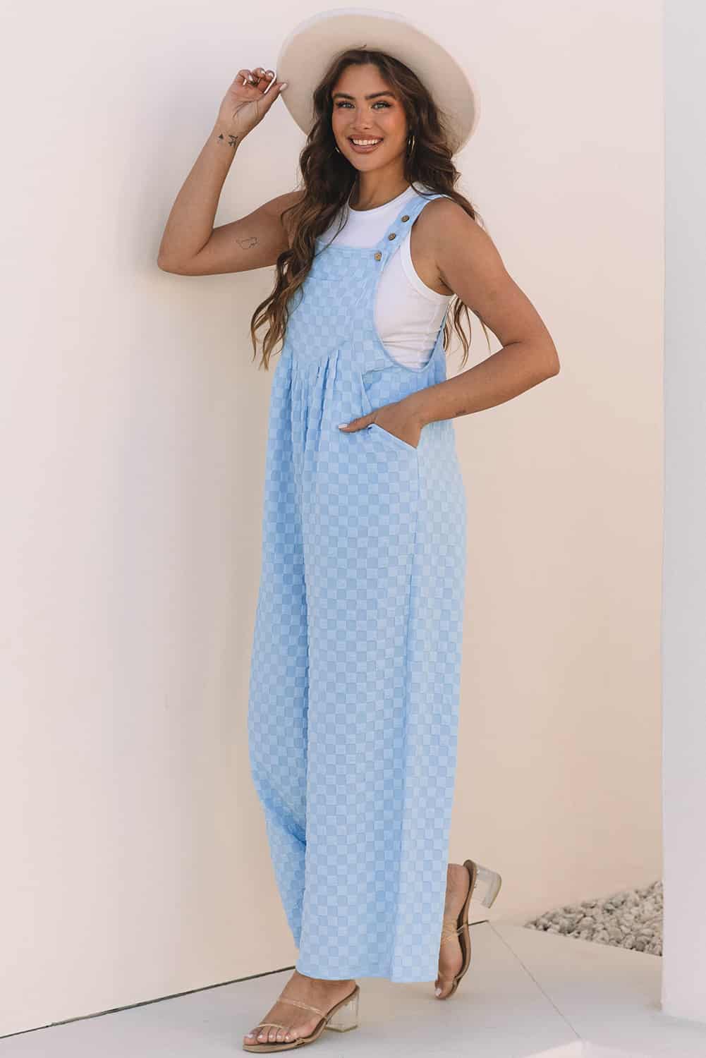 Blue Grid Overall Jumpsuit with Back Pleat for Travel Days | Jumpsuits & Rompers