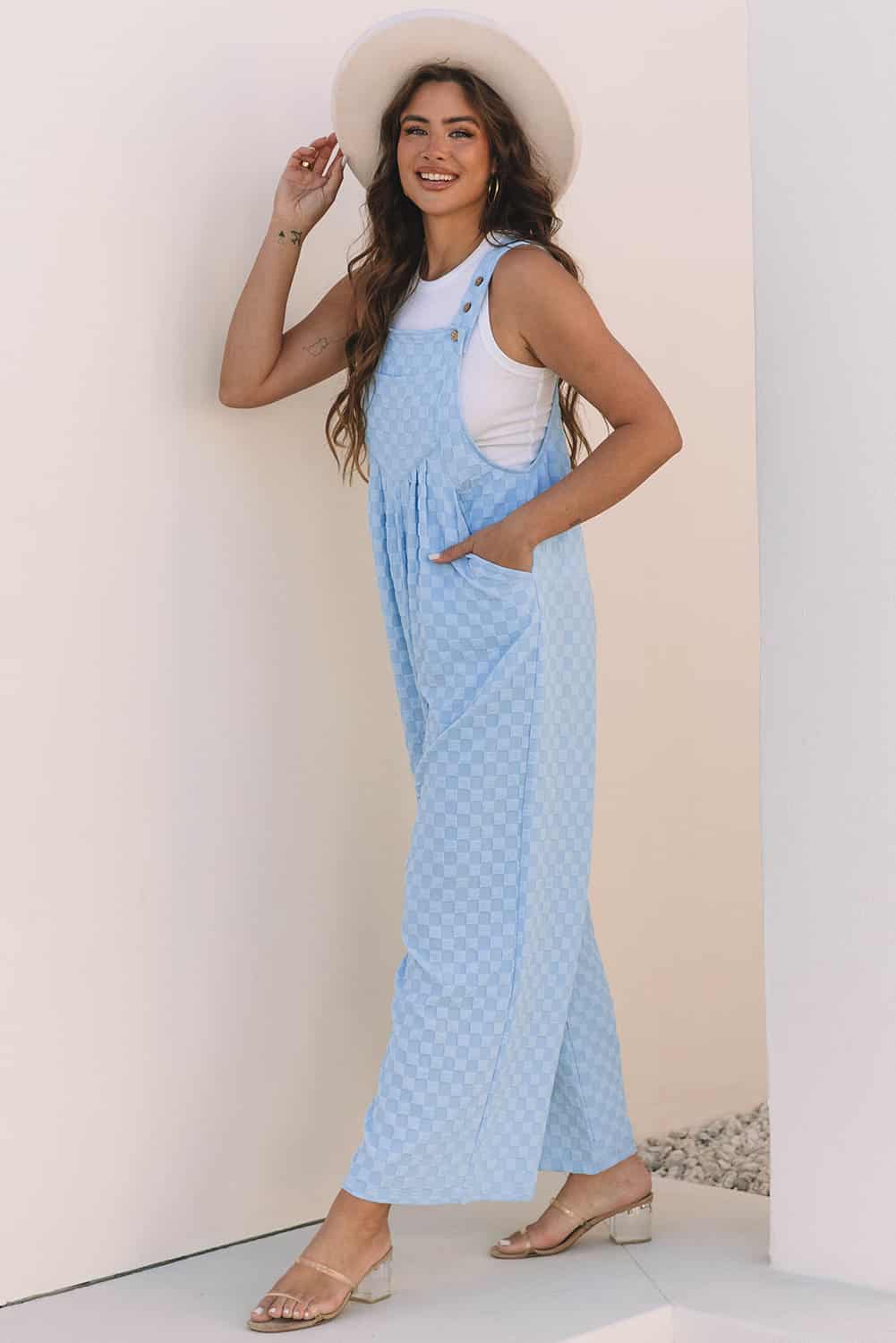 Blue Grid Overall Jumpsuit with Back Pleat for Travel Days | Jumpsuits & Rompers