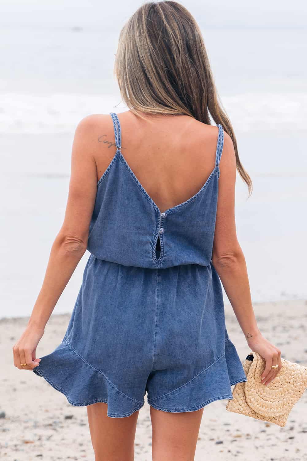 Casual Denim-Style Ruffle Hem Romper with Belt | Jumpsuits & Rompers