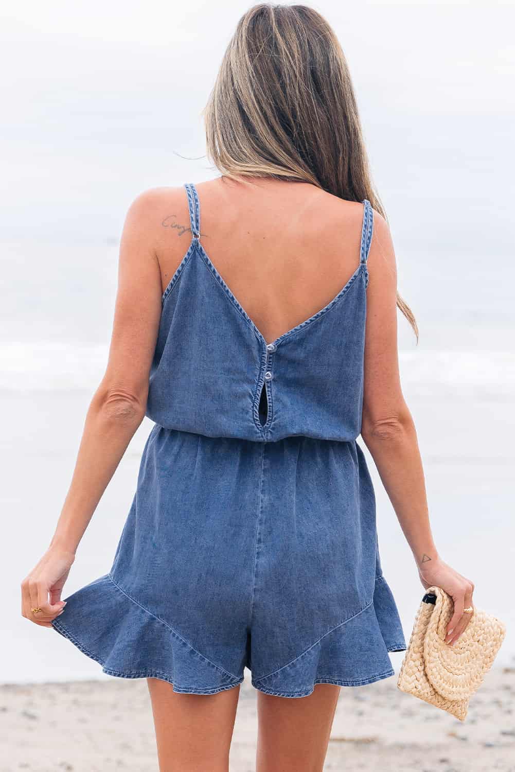 Casual Denim-Style Ruffle Hem Romper with Belt | Jumpsuits & Rompers