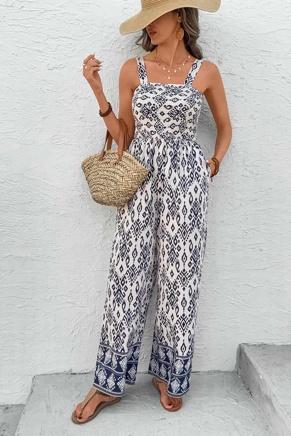 Boho Smocked Tribal Jumpsuit with Wide Legs for Vacations | Jumpsuits & Rompers
