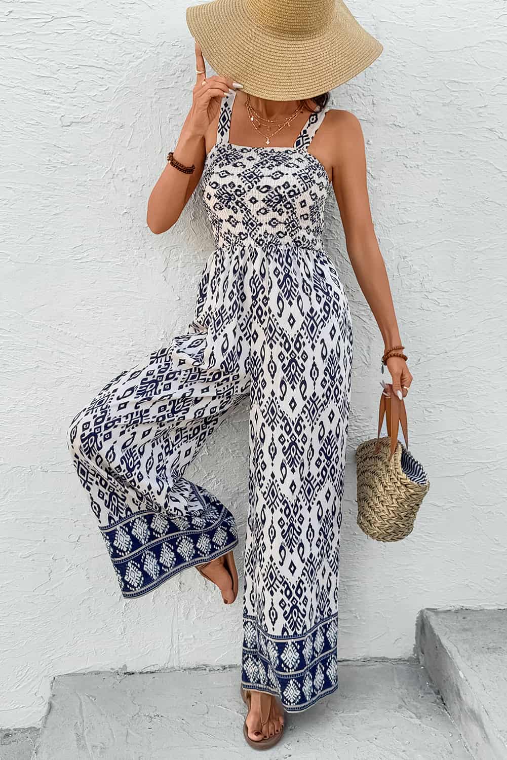 Boho Smocked Tribal Jumpsuit with Wide Legs for Vacations | Jumpsuits & Rompers