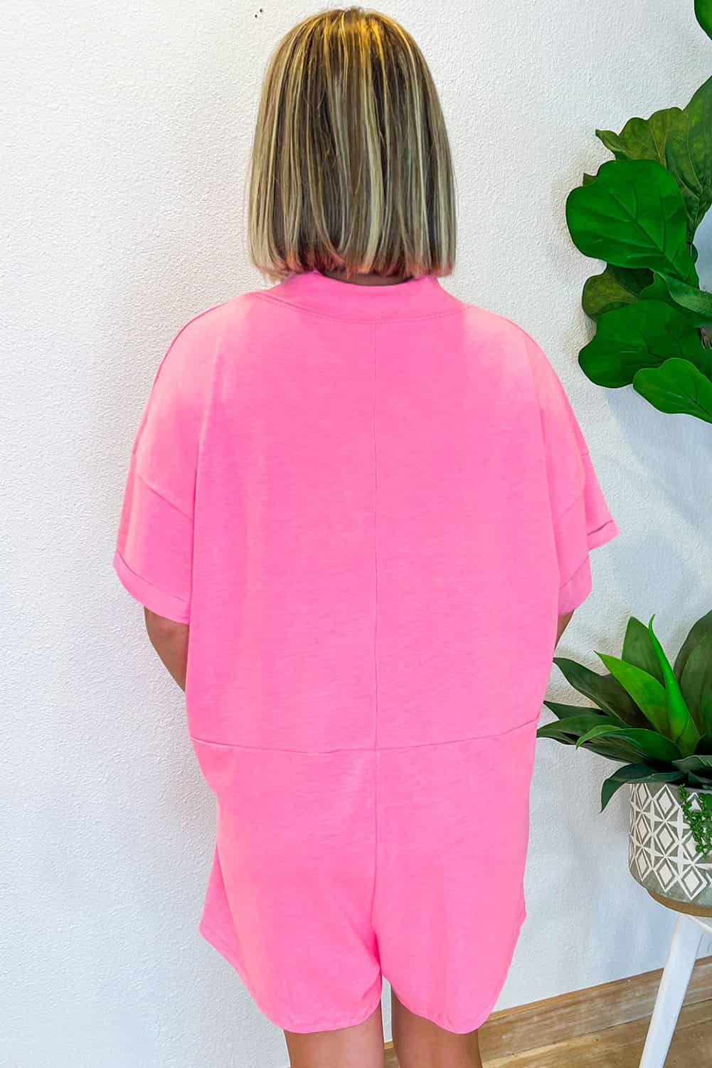 Casual Pink Knit Romper with V-Neck and Rolled Sleeves | Jumpsuits & Rompers
