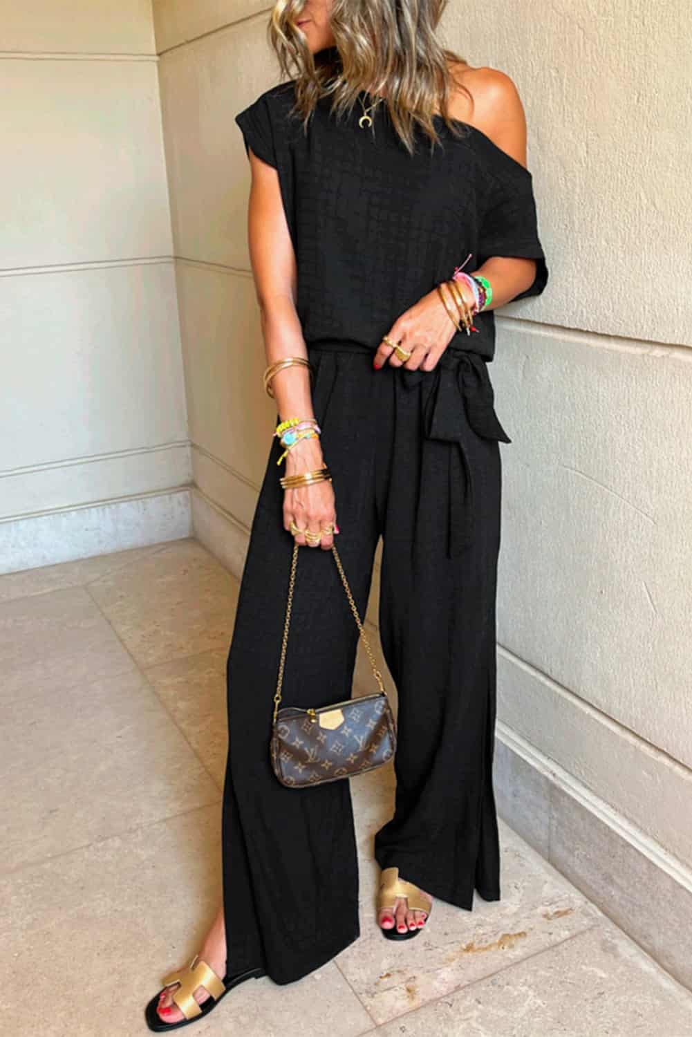 Textured One-Shoulder Jumpsuit with Side Slit & Belted Waist | Jumpsuits & Rompers
