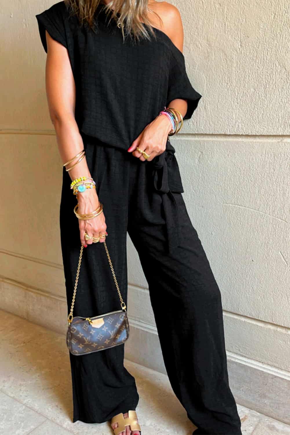 Textured One-Shoulder Jumpsuit with Side Slit & Belted Waist | Jumpsuits & Rompers