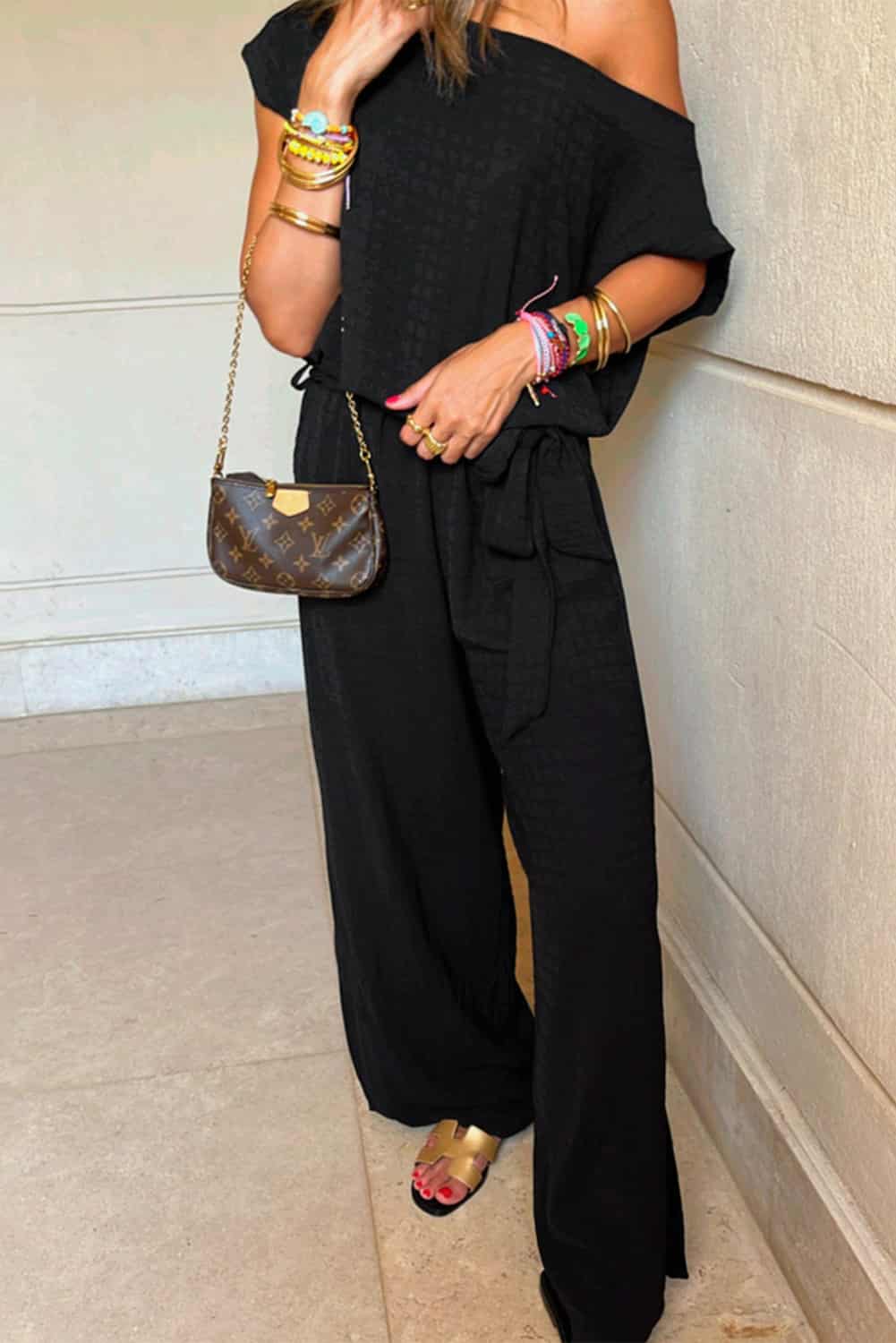 Textured One-Shoulder Jumpsuit with Side Slit & Belted Waist | Jumpsuits & Rompers