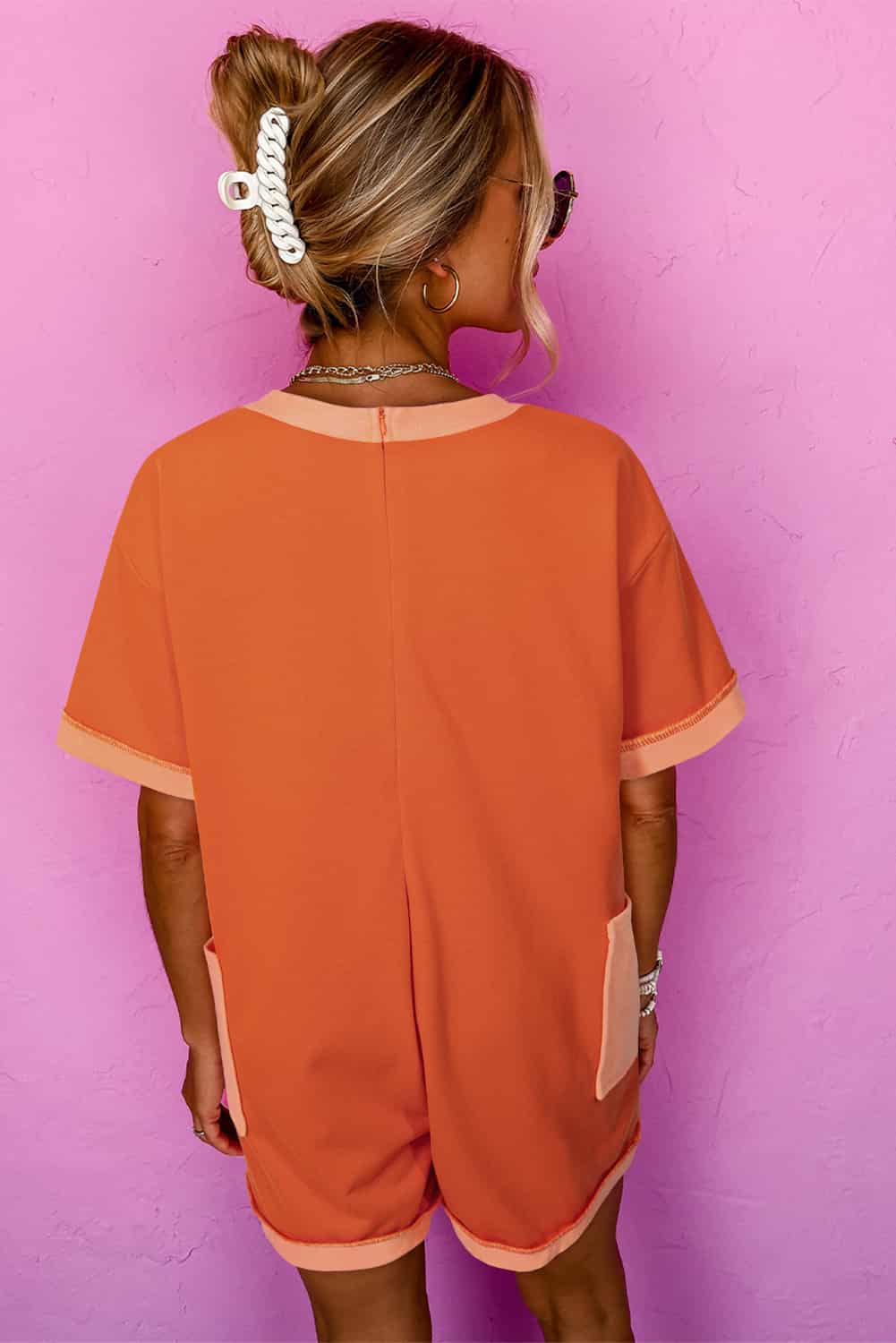 Orange Two-Tone V-Neck Romper with Patch Pockets for Women | Jumpsuits & Rompers