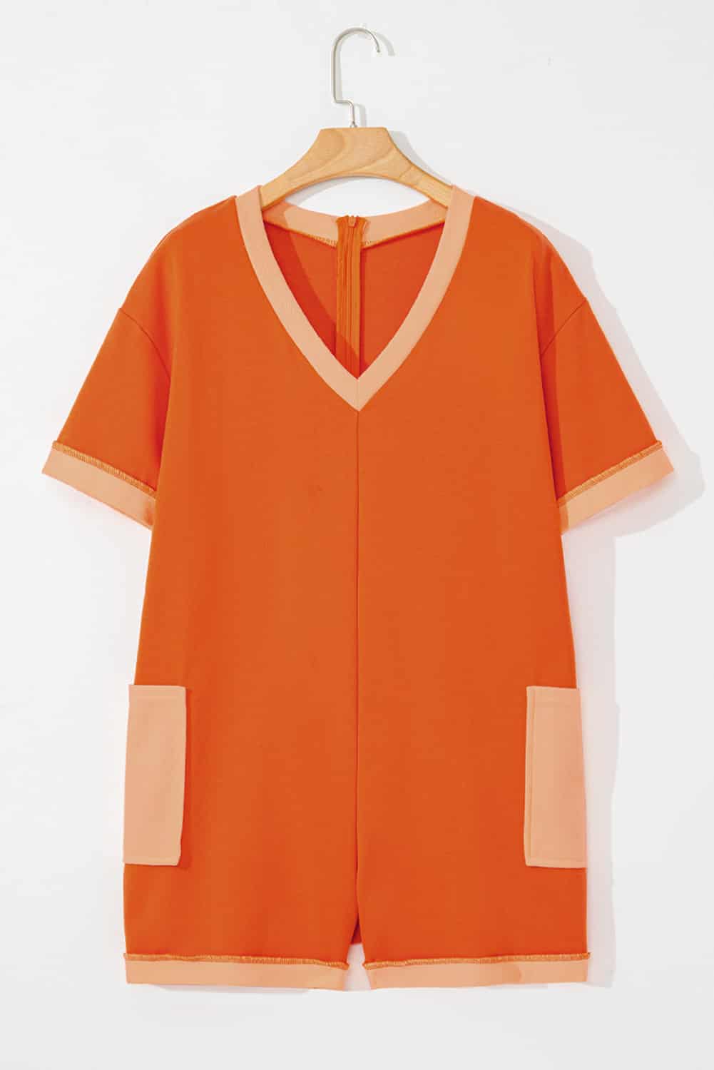 Orange Two-Tone V-Neck Romper with Patch Pockets for Women | Jumpsuits & Rompers