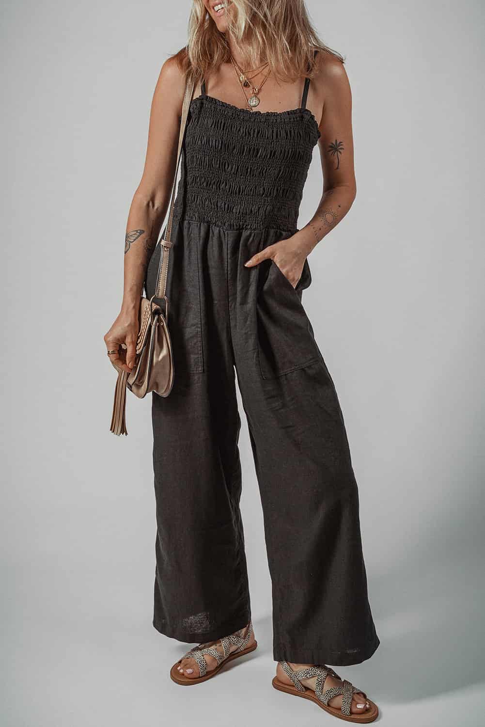 Linen Blend Black Smocked Bodice Pantsuit for Summer Events | Jumpsuits & Rompers
