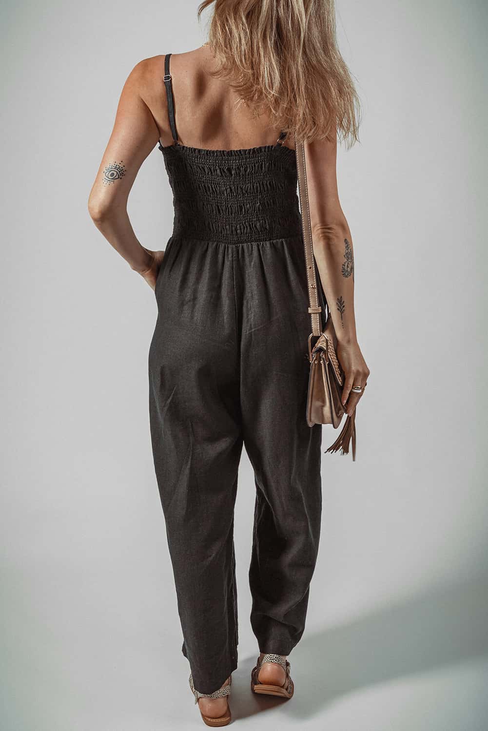 Linen Blend Black Smocked Bodice Pantsuit for Summer Events | Jumpsuits & Rompers