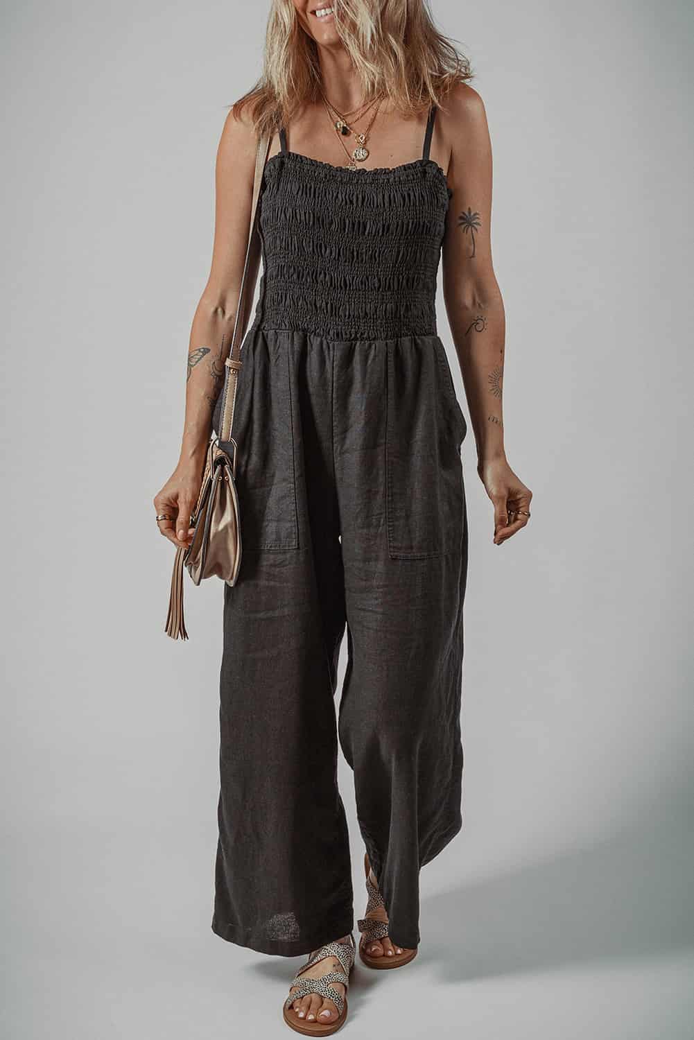 Linen Blend Black Smocked Bodice Pantsuit for Summer Events | Jumpsuits & Rompers