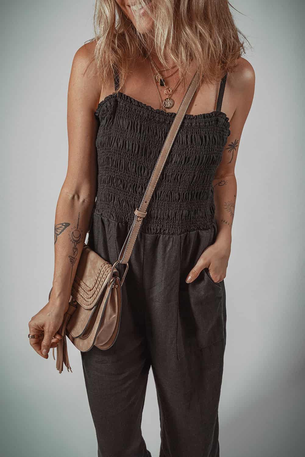 Linen Blend Black Smocked Bodice Pantsuit for Summer Events | Jumpsuits & Rompers