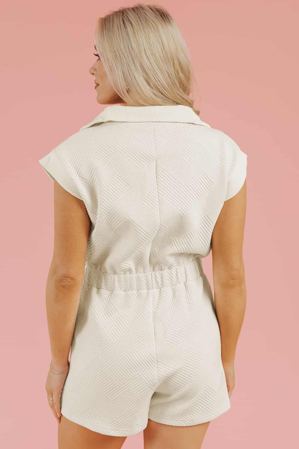 Geometric Cream Romper with Zip Front and Cap Sleeves | Jumpsuits & Rompers