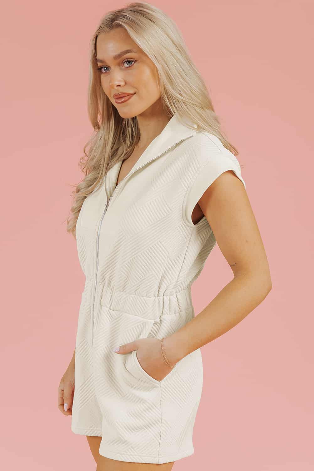 Geometric Cream Romper with Zip Front and Cap Sleeves | Jumpsuits & Rompers