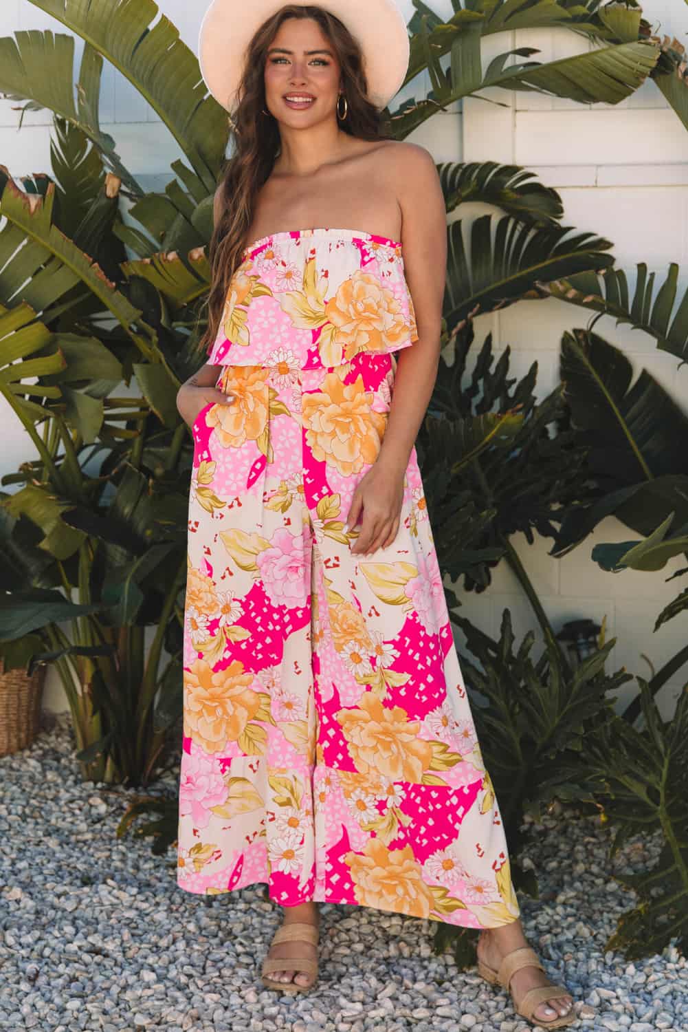 Pink Floral Strapless Jumpsuit with Wide Legs | Jumpsuits & Rompers