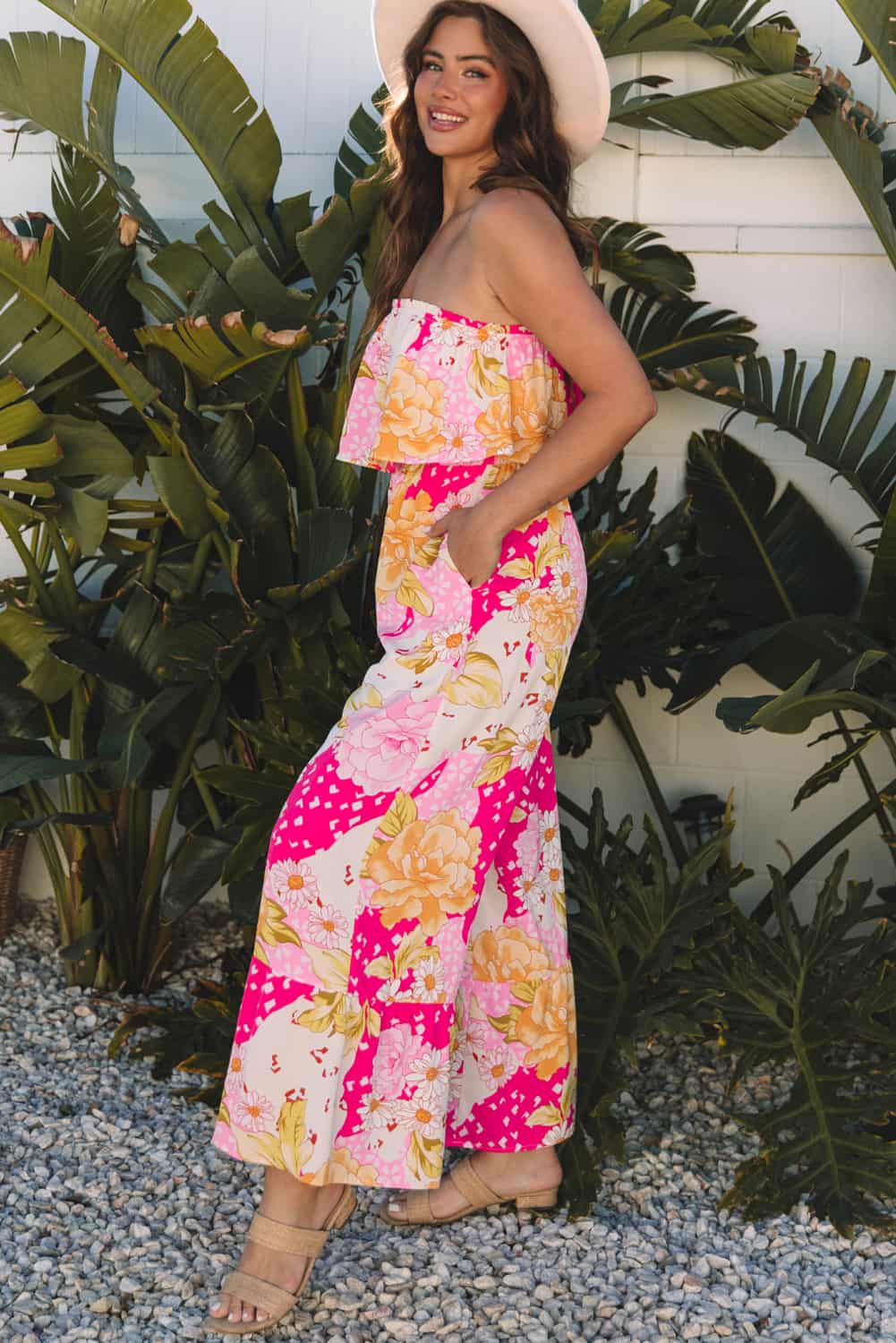 Pink Floral Strapless Jumpsuit with Wide Legs | Jumpsuits & Rompers