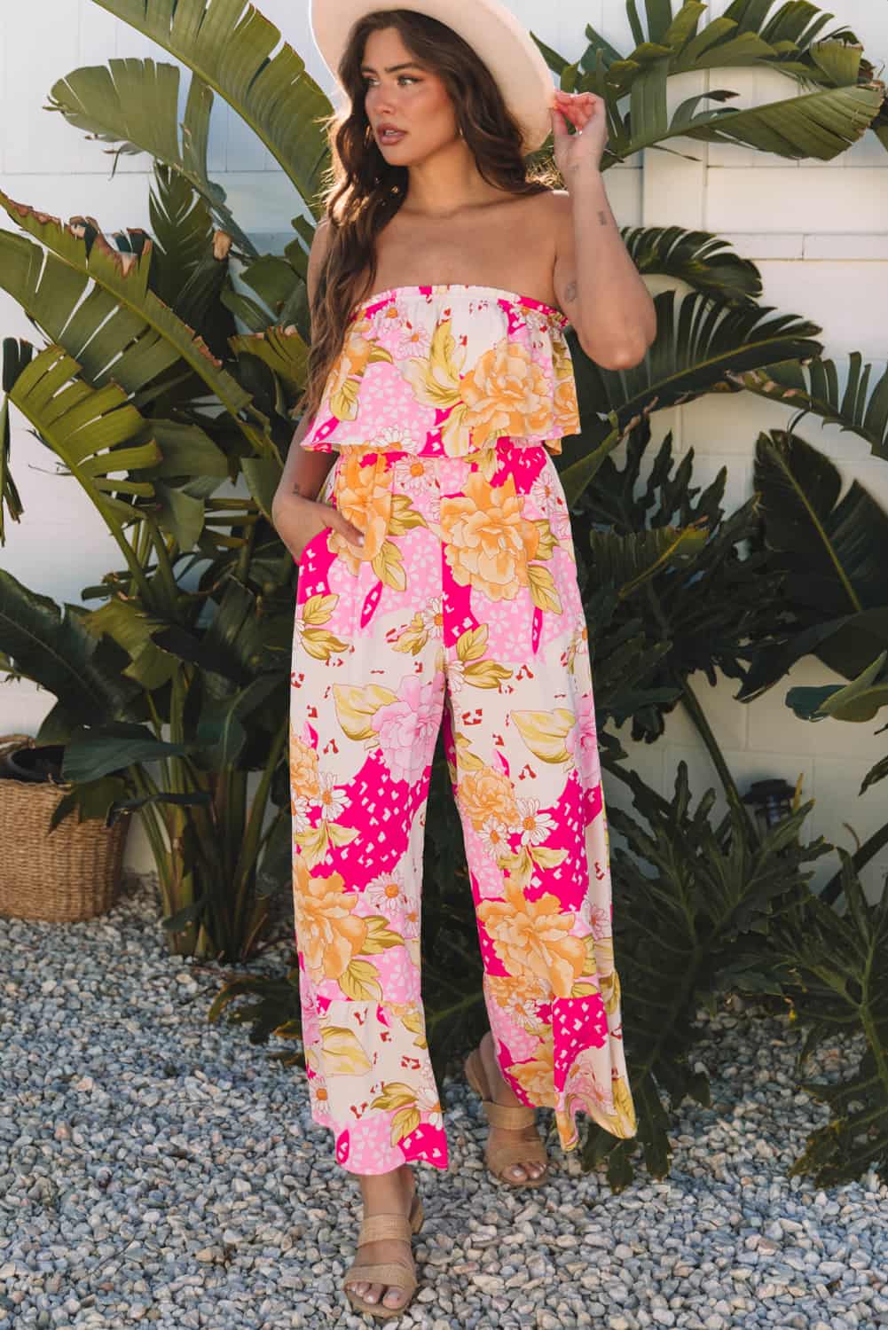 Pink Floral Strapless Jumpsuit with Wide Legs | Jumpsuits & Rompers