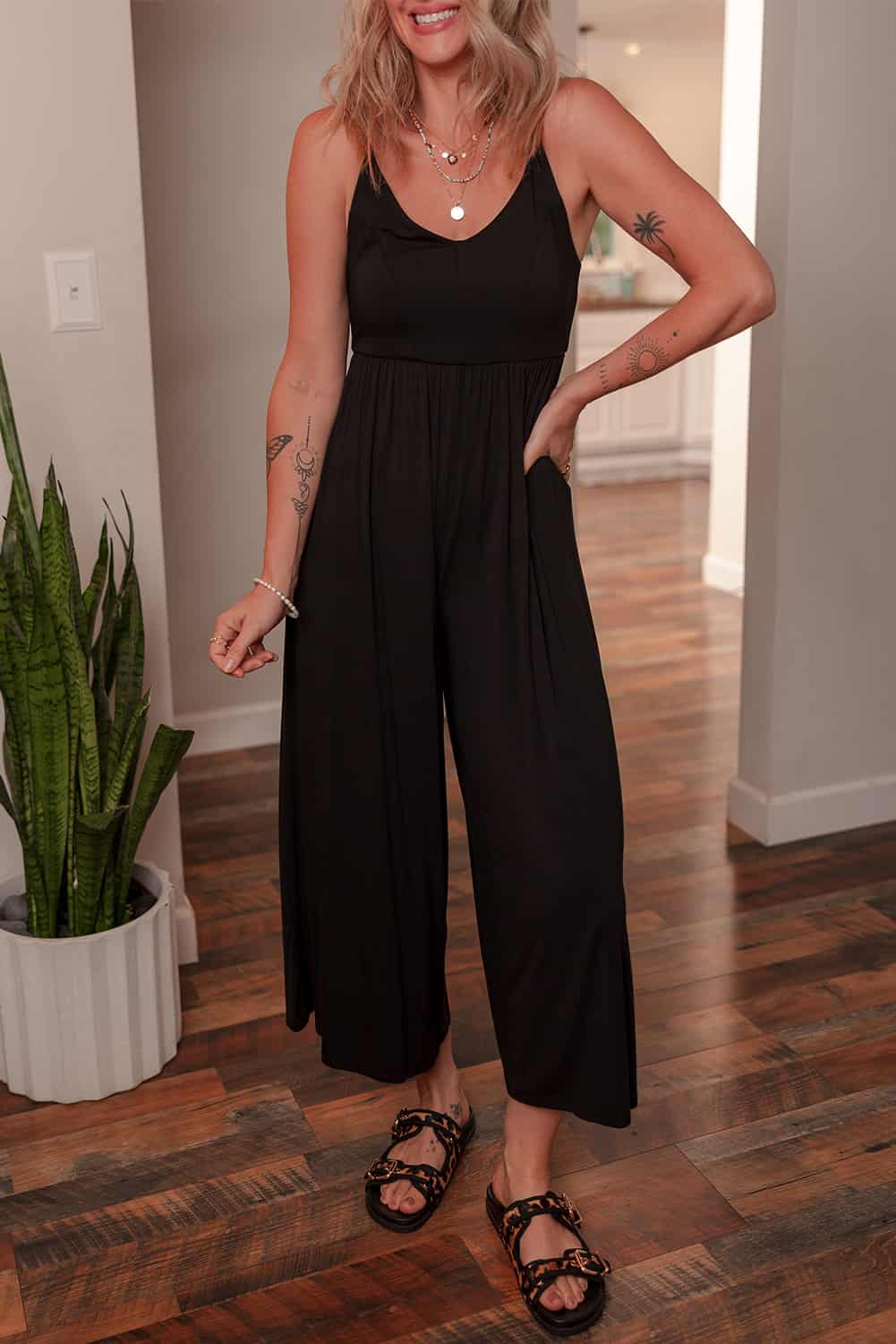 Flowy Black Wide-Leg Jumpsuit with Spaghetti Straps | Jumpsuits & Rompers