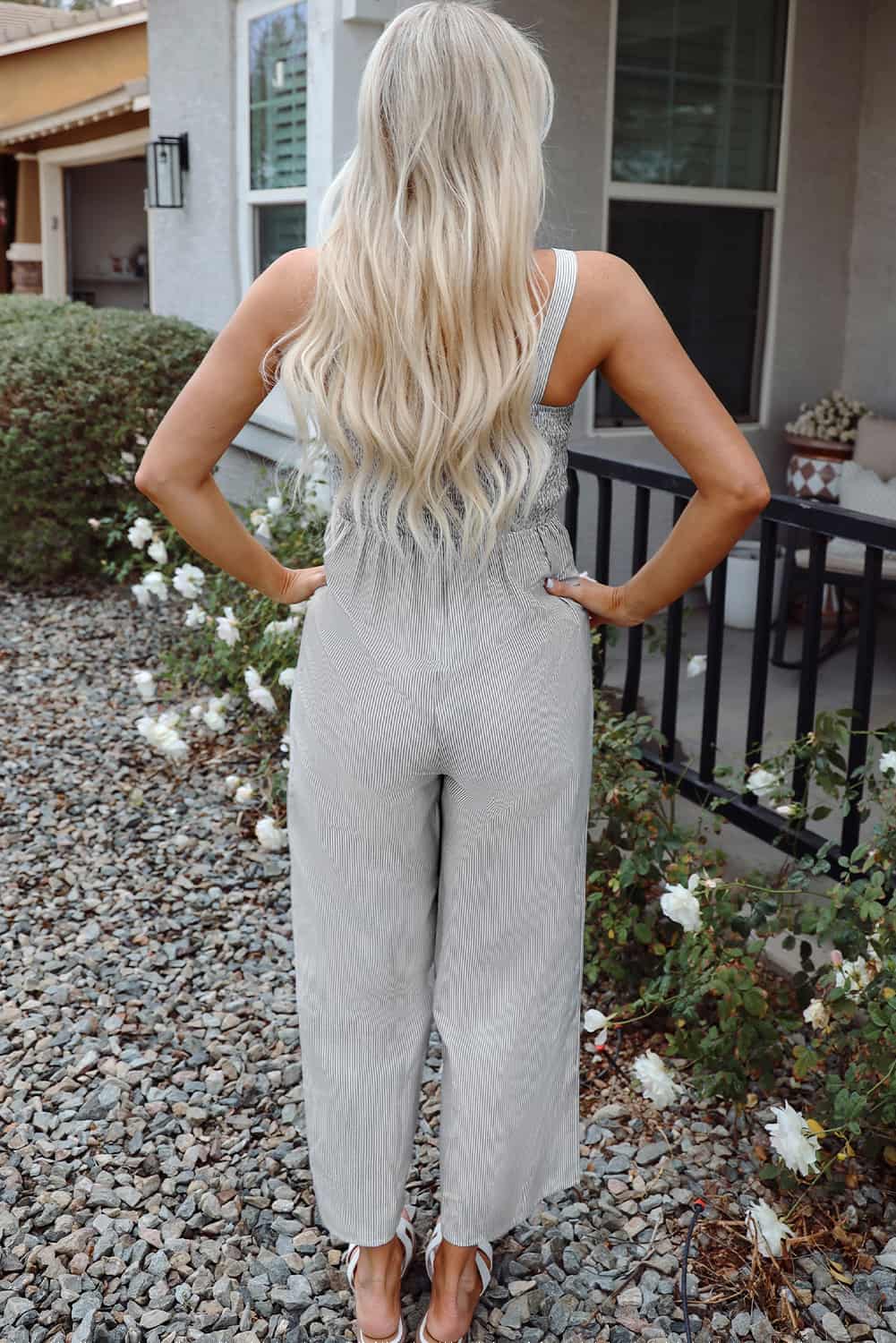 Women's Casual Stripe Jumpsuit with Smocked Back & Side Pockets | Jumpsuits & Rompers