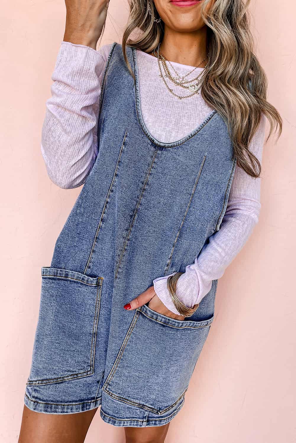 Women’s Washed Denim Romper with Deep U-Neckline