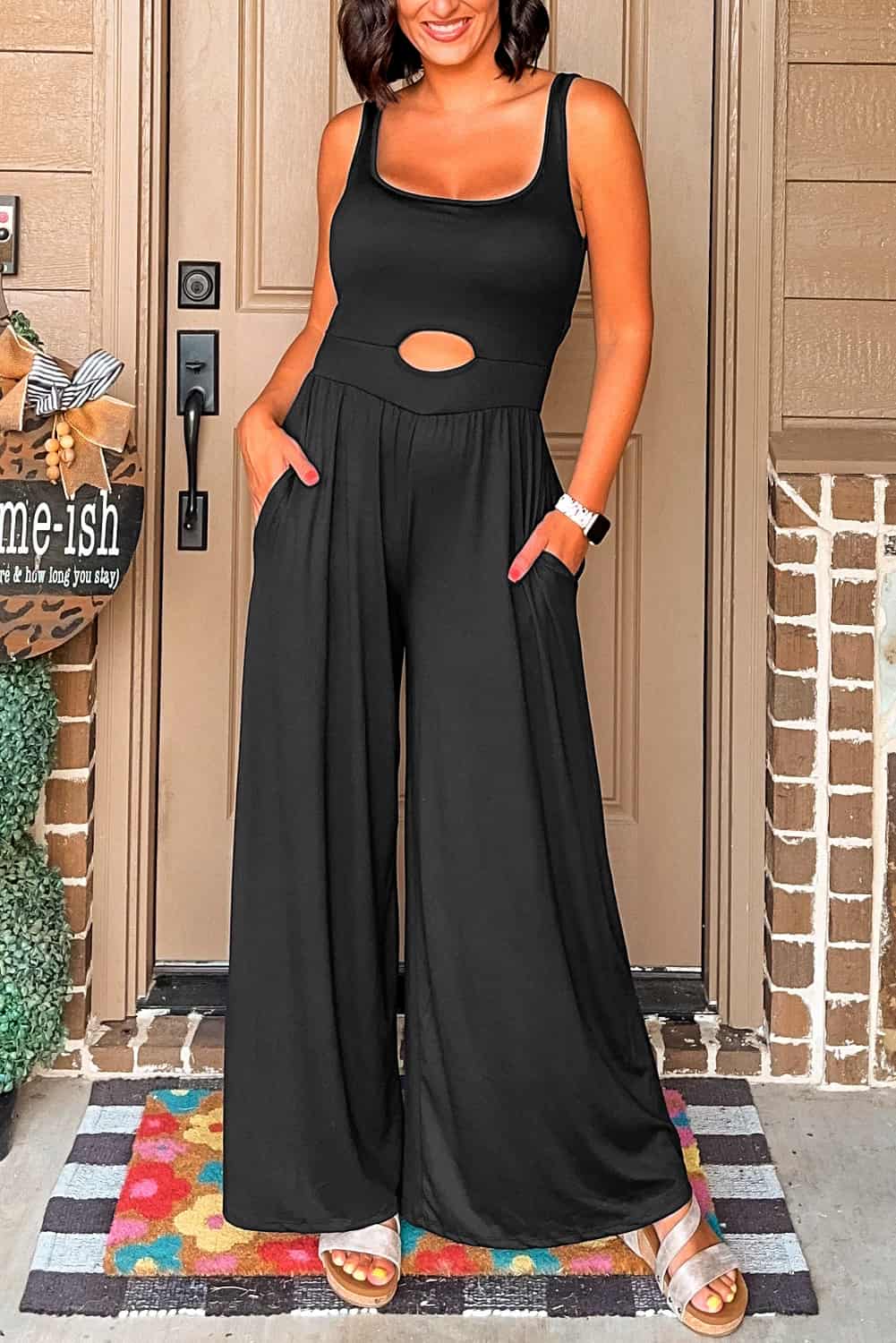 Sleeveless Peekaboo Waist Jumpsuit in Black for Weekend Brunch | Jumpsuits & Rompers