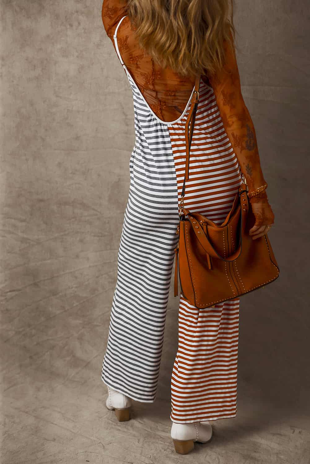 Split Color Striped Jumpsuit with V-Neck and Open Back | Jumpsuits & Rompers