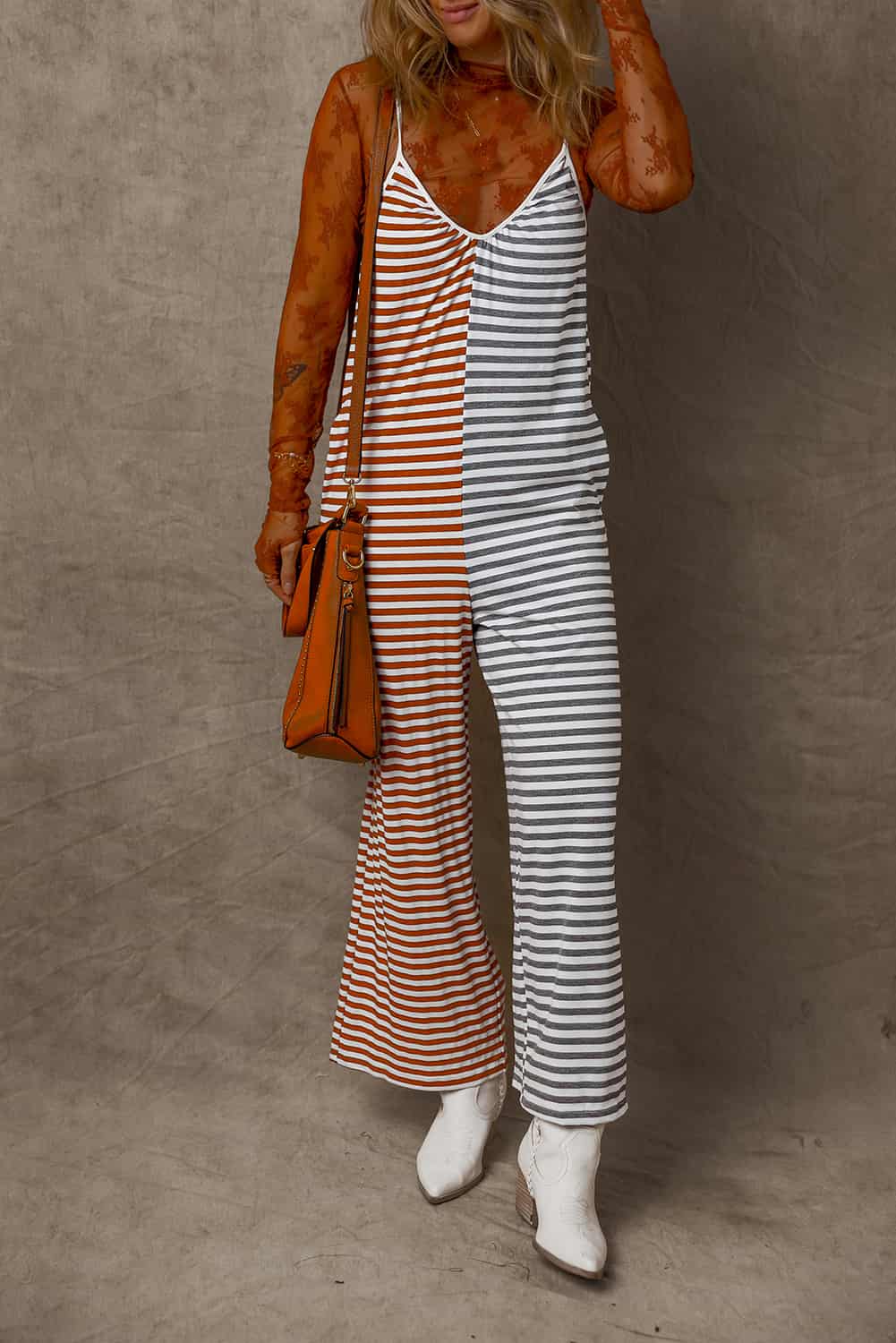Split Color Striped Jumpsuit with V-Neck and Open Back | Jumpsuits & Rompers