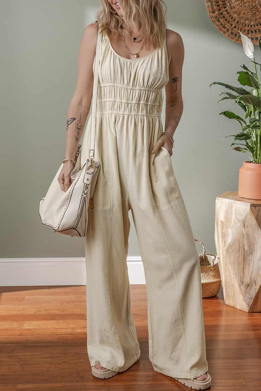 Wide-Leg Cotton Pantsuit with Back Tie and Ruched Detail | Jumpsuits & Rompers