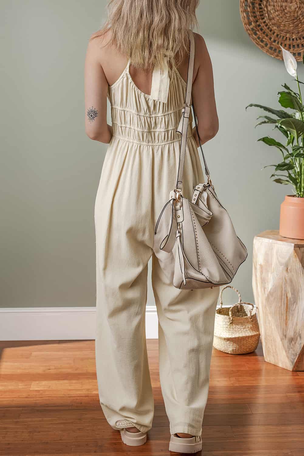 Wide-Leg Cotton Pantsuit with Back Tie and Ruched Detail | Jumpsuits & Rompers
