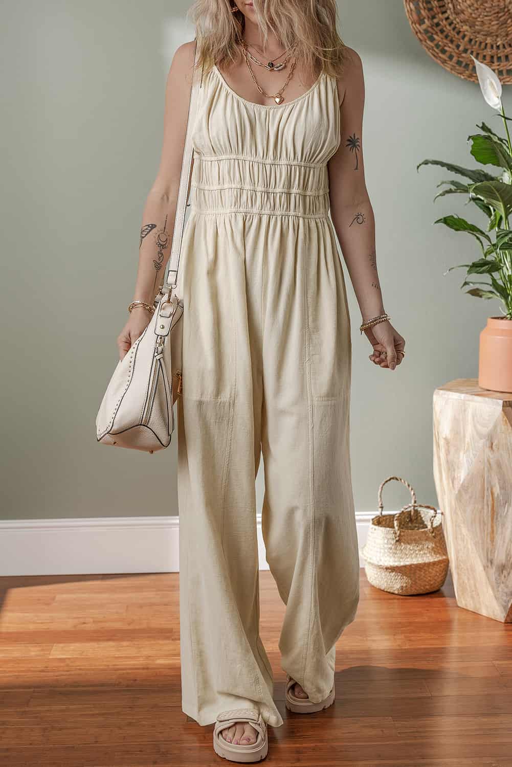 Wide-Leg Cotton Pantsuit with Back Tie and Ruched Detail | Jumpsuits & Rompers